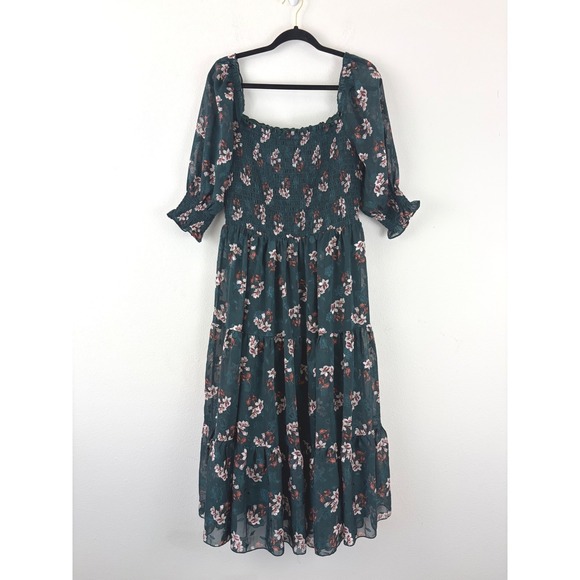 Baltic Born Dresses & Skirts - Cottagecore Green Midi XL Dress Boho Floral Feminine Smocked Tiered Chiffon